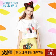 秋水伊人2018夏装女装通勤印花廓形圆领上衣直筒短袖T恤E141图片