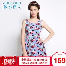 秋水伊人2018夏装新款女装甜美印花圆领无袖高腰显瘦连衣裙H447图片