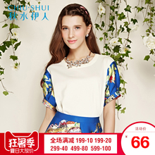 秋水伊人2018夏装新款女装撞色拼接短款短袖圆领白色T恤上衣H062图片