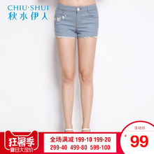 秋水伊人2018夏装新款女装时尚简约钉珠短裤优雅蕾丝牛仔裤H815图片