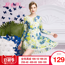 秋水伊人秋装新品印碎花蕾丝拼接修身九分袖雪纺连衣裙F1401图片