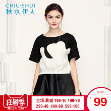 秋水伊人夏装新款女装撞色复合蕾丝拼接宽松圆领短袖T恤上衣H975图片