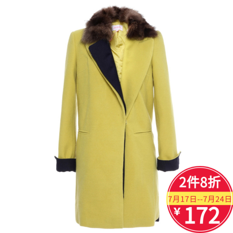秋水伊人毛呢大衣女长款冬装可脱卸毛领修身外套F509商品大图