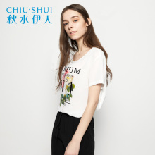 秋水伊人夏装新品女装圆领简约百搭雪纺拼接印花T恤上衣J129图片