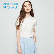 秋水伊人2018年夏装新品女装蕾丝花边镂空立领纯色雪纺衫子女J316图片