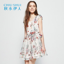 秋水伊人2018夏装新品女装印花短袖圆领修身腰带连衣裙裙子J252图片