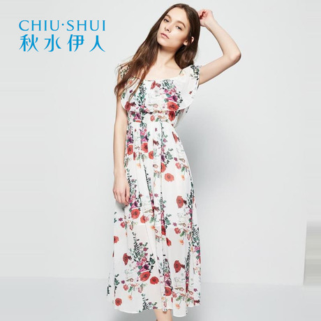 秋水伊人2018夏装新品女装长款收腰显瘦长裙修身印花连衣裙J253商品大图