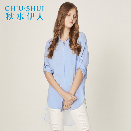 秋水伊人2018秋装新品女装简约五分袖前短后长拼接衬衫上衣J097商品大图