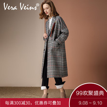 2018秋冬新款女装英伦风格子复古西装外套双排扣长袖羊毛呢子大衣图片
