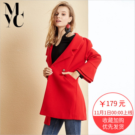 毛呢风衣外套2018冬季女装新款时尚韩版百搭纯色荷叶袖学生大衣潮商品大图