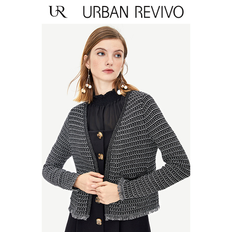 UR2018秋冬新品女装时尚通勤无纽扣风格纹针织外套WE39R9DF2000商品大图