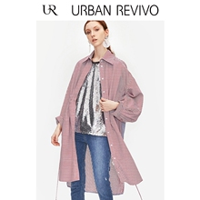UR2018秋季新品女装简约休闲条纹抽带束腰中长外套WG32R1LN2001图片