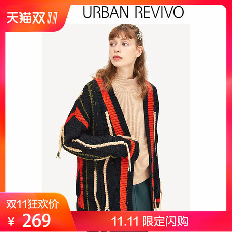 UR2018秋冬新品青春女装撞色格调流苏时尚针织外套YL41S9DN2001商品大图