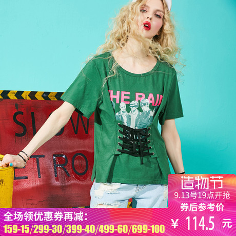 妖精的口袋旗舰店夏季新品韩版圆领宽松趣味图案系带T恤女短袖商品大图