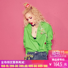 妖精的口袋旗舰店秋季新款韩版宽松刺绣图案格纹系带衬衫女长袖图片