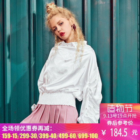 妖精的口袋旗舰店秋季韩版宽松领口系带香蕉袖缎面雪纺衬衫女长袖商品大图