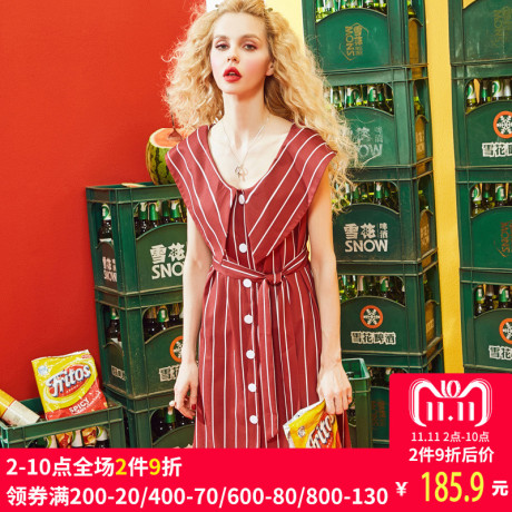 妖精的口袋旗舰店2017夏装韩版复古V领系腰带条纹连衣裙女宽松商品大图