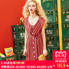 妖精的口袋旗舰店2017夏装韩版复古V领系腰带条纹连衣裙女宽松图片