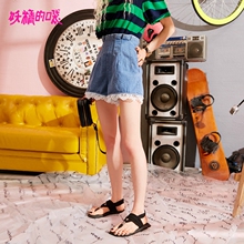 妖精的口袋旗舰店夏装2018新款阔腿裤高腰蕾丝边心机牛仔短裤女潮图片