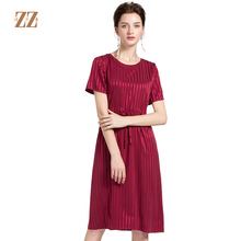 佐尔美2018夏季新品真丝时尚纯色条纹收腰桑蚕丝连衣裙E82LS10图片