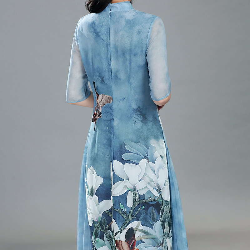 2017夏复古改良旗袍杭州真丝连衣裙修身桑蚕