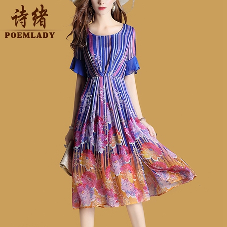 诗绪桑蚕丝真丝连衣裙女夏2019新款蓝色印花收腰短袖A字裙子6338商品大图