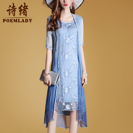 诗绪夏季连衣裙子女夏2019新款真丝两件套不规则桑蚕丝中长款0494商品大图