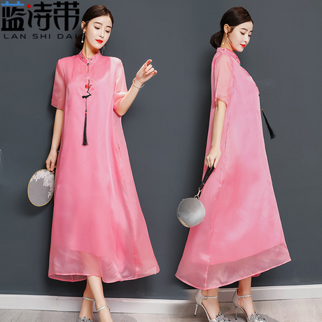 中国风春夏女绣花欧根纱宽松中长裙改良旗袍显瘦真丝连衣裙茶服禅商品大图