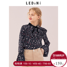 乐町洋气小衫长袖秋季2018新款气质雪纺衫女时尚碎花压褶系带衬衫图片