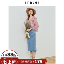 乐町2018年新品木耳边装饰ins超火网红中长款牛仔时尚港风半裙图片