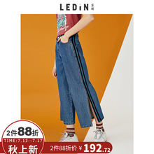 乐町高腰牛仔阔腿裤港味复古chic裤子2018夏季新款女条纹拼接长裤图片