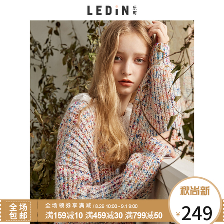 乐町彩条毛针织衫2018秋季新款女装蕾丝领套头薄款慵懒风毛衣宽松商品大图