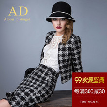AD秋冬高端小香风职业装时尚女装鱼尾裙套装名媛气质格子毛呢套裙图片