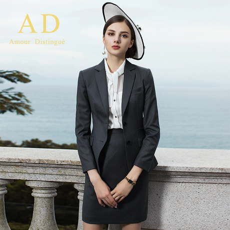 AD时尚2018秋季新款职业装女装欧美气质灰蓝色西装套裙OL正装套装商品大图