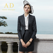AD时尚2018秋季新款职业装女装欧美气质灰蓝色西装套裙OL正装套装图片