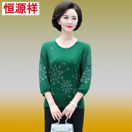 恒源祥2018秋装套头毛衣圆领中老年妈妈装绣花女装七分袖针织衫商品大图