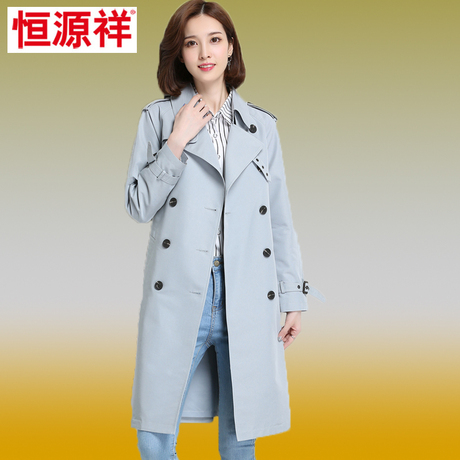 恒源祥2018秋装女装大衣外套双排扣时尚大气外衣中长款系腰带风衣商品大图