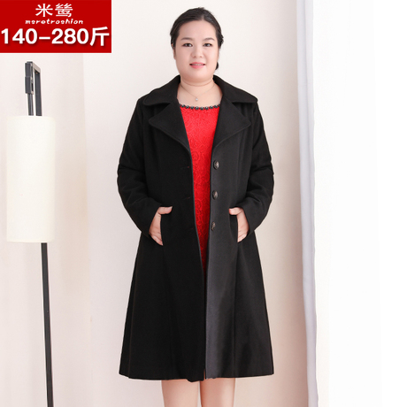 大码女装2018冬装胖妈妈200斤藏肉中长款韩版过膝毛呢外套大衣女商品大图
