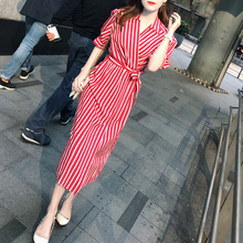裙红色条纹连衣裙开叉长裙女 束腰衬衫 欧美时尚 媛佳人2018春夏新款