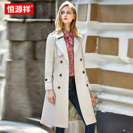 恒源祥风衣女中长款韩版春季2018新款双排扣系带收腰chic外套春秋商品大图