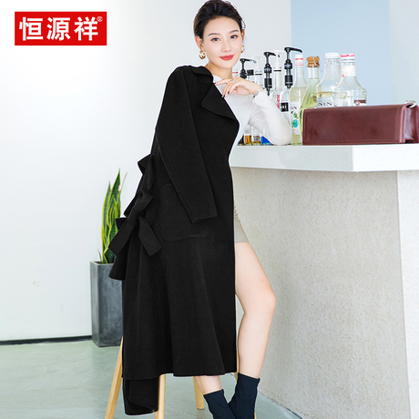 恒源祥过膝长款双面呢大衣女2018新款秋冬毛呢外套系带毛呢大衣女商品大图