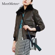 MeetMetro毛领皮衣外套女装2018新款秋冬显瘦时尚棕色短款皮夹克图片