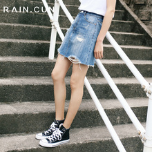 然与纯2018夏牛仔半身裙女a字裙破洞毛边不规则流苏牛仔裙短裙图片