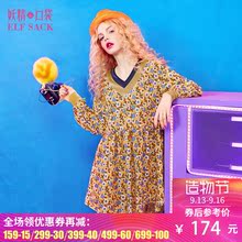 妖精的口袋秋装新款V领拼接丝绒印花连衣裙女长袖图片