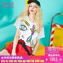 妖精的口袋旗舰店夏装新款学院风圆领宽松抽象印花纯棉T恤女短袖图片