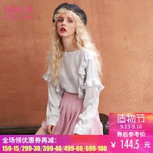 妖精的口袋旗舰店秋装新款学院风圆领宽松木耳边长袖T恤女734164图片