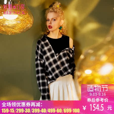 妖精的口袋旗舰店秋装新款时尚韩版露肩长袖衬衣格子衬衫女734057商品大图