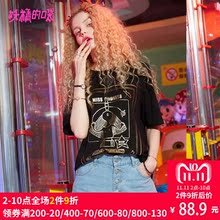 妖精的口袋旗舰店原宿风上衣夏装2018新款圆领印花黑色短袖t恤女图片
