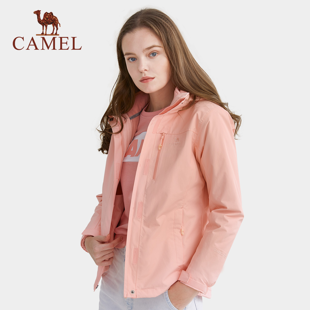 Camel Women's Windbreaker for Men and Women 2019 New Leisure Waterproof, Warm, and Fashionable Couple's 3-in-1 Charge Coat