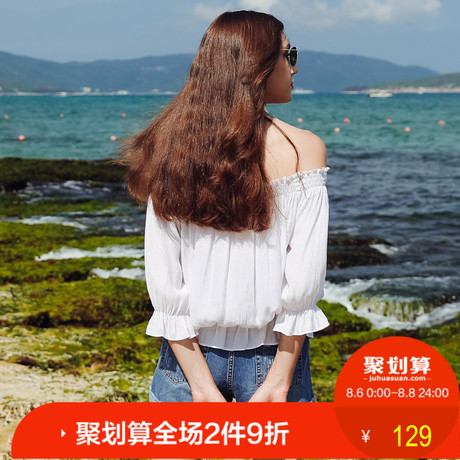露肩上衣女夏2018新款宽松衬衫泡泡袖设计感甜美上装商品大图